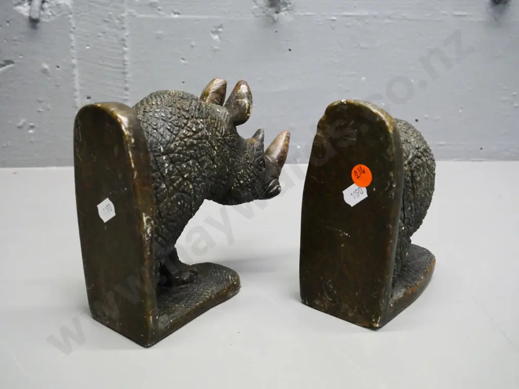 pair of heavy carved stone rhinoceros book-ends H-160 Image 1++