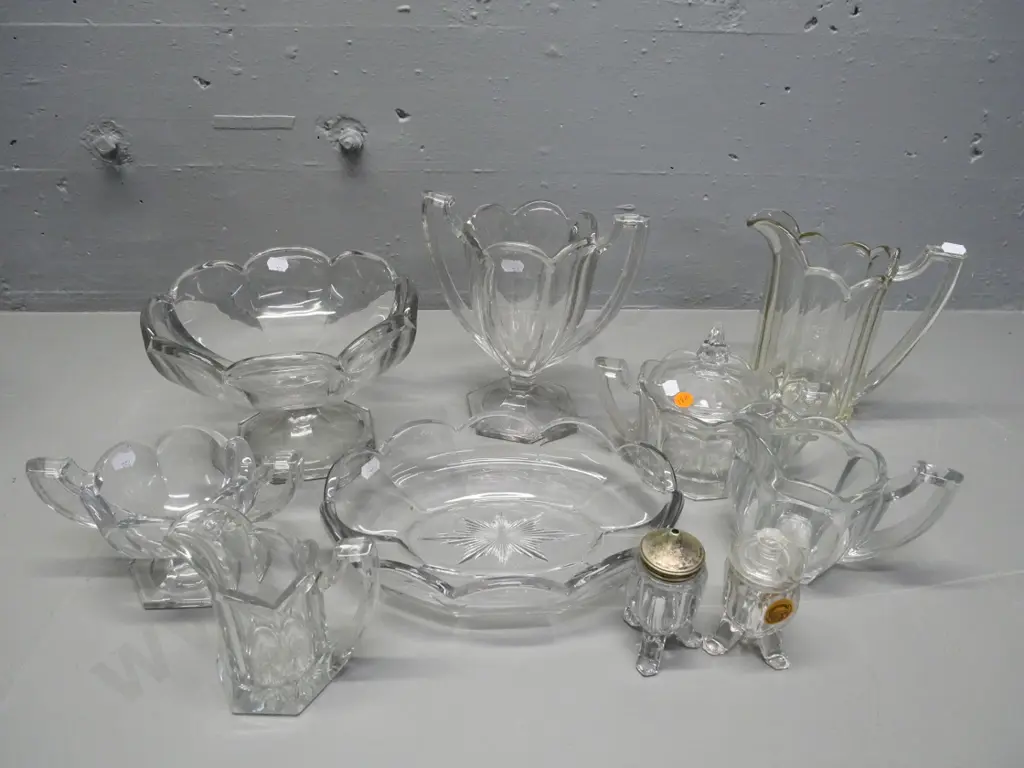 9 pieces of clear heavy depression glass - vase H-210, 3 jugs, 2 sugars, footed bowl etc. Image 1++