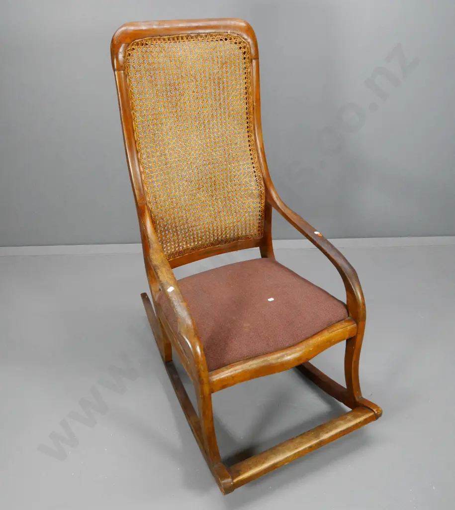 vintage mahogany rocking chair with foot rest, bergere cane back, upholstered seat H1140 W540 D940 Image 1++