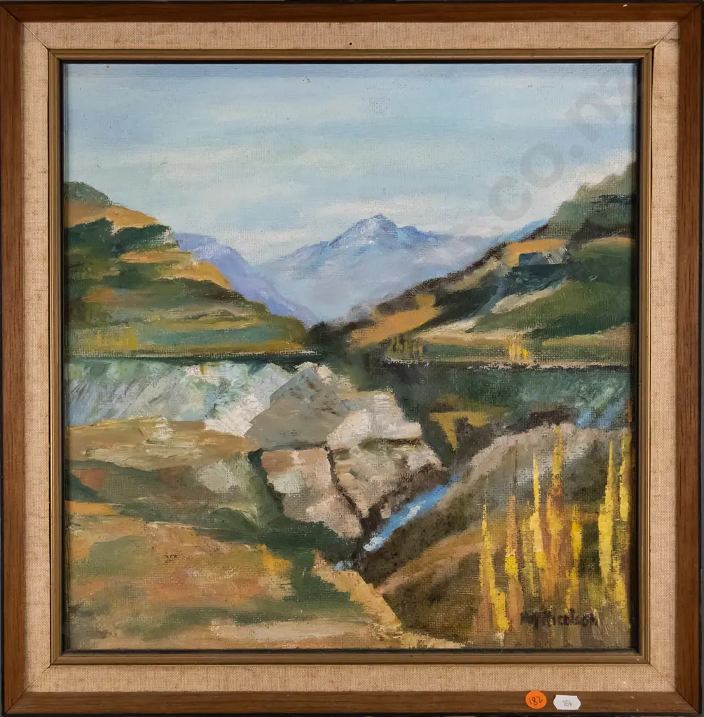illegible signature - framed oil - lake and mountain scene H-390 W-390 Image 1++