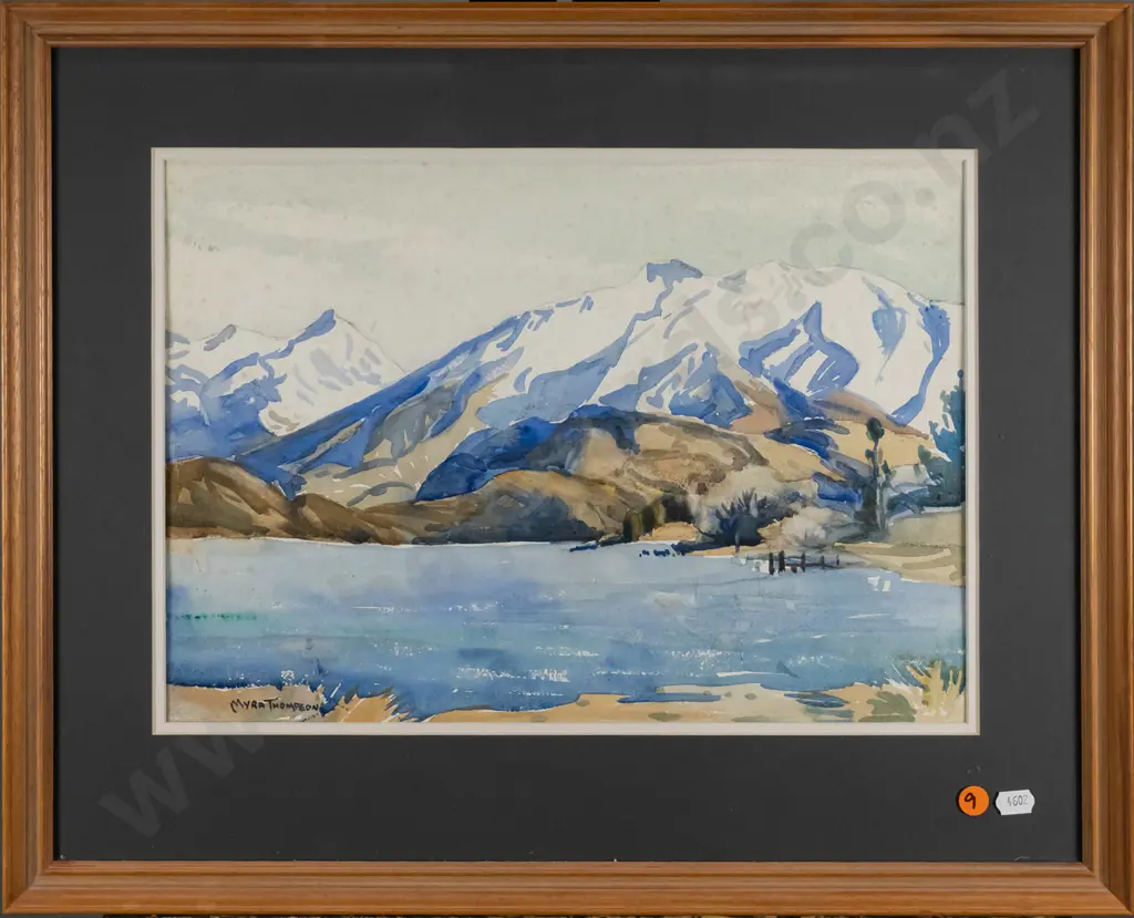 Myra Thompson - framed watercolour - mountain and lake scene (foxing) H-270 W-370 Image 1++