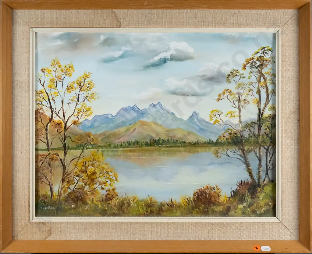 Dorothy Graham - framed oil  "Autumn Lake Hayes" (water staining to frame) H-340 W-440 Image 1++