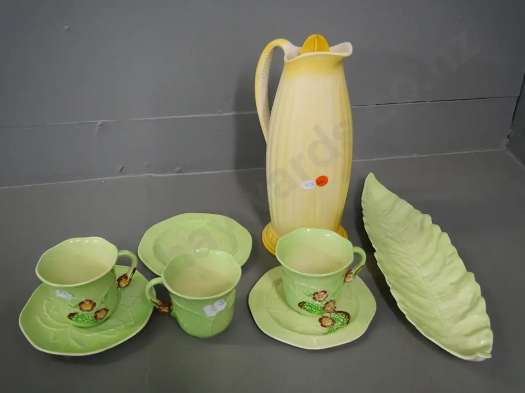 assorted retro china - yellow vacuum jug marked BVF, Carlton Ware leaf dish, and 3 Primula cups, saucer, and 2 plates Image 1++