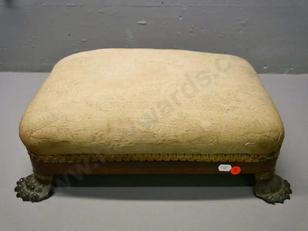 vintage low foot stool with timber base and metal claw feet H-130 W-400 D-300 Image 1++