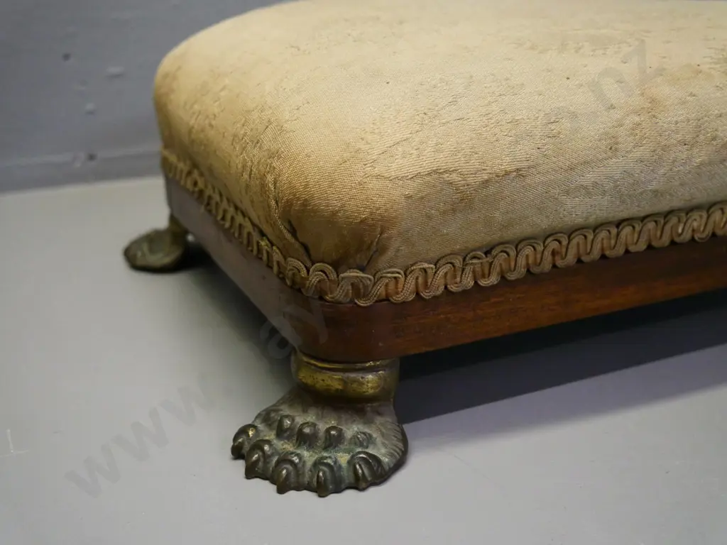 vintage low foot stool with timber base and metal claw feet H-130 W-400 D-300 Image 1++