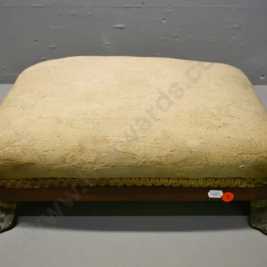 vintage low foot stool with timber base and metal claw feet H-130 W-400 D-300