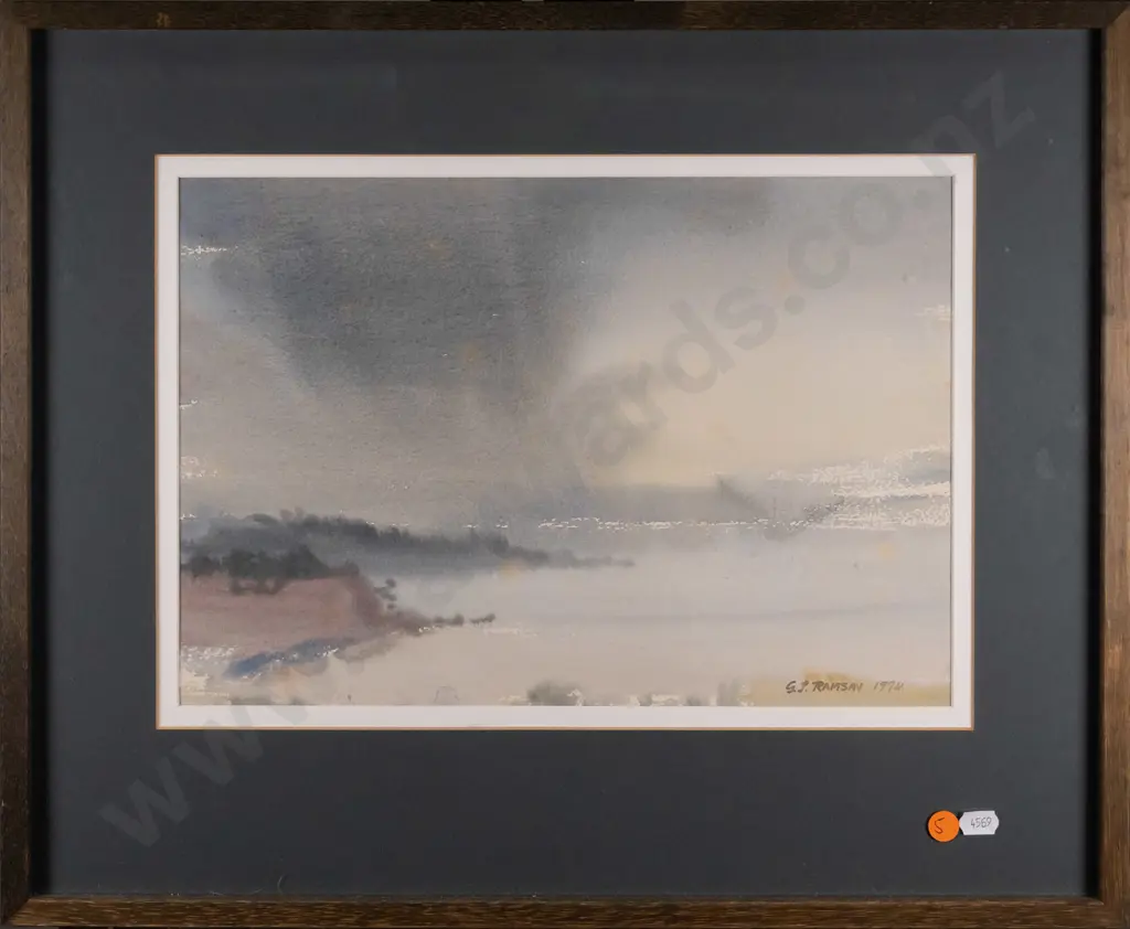 GJ Ramsay 1974 - framed watercolour - lake scene (some foxing) H-240 W-340 Image 1++