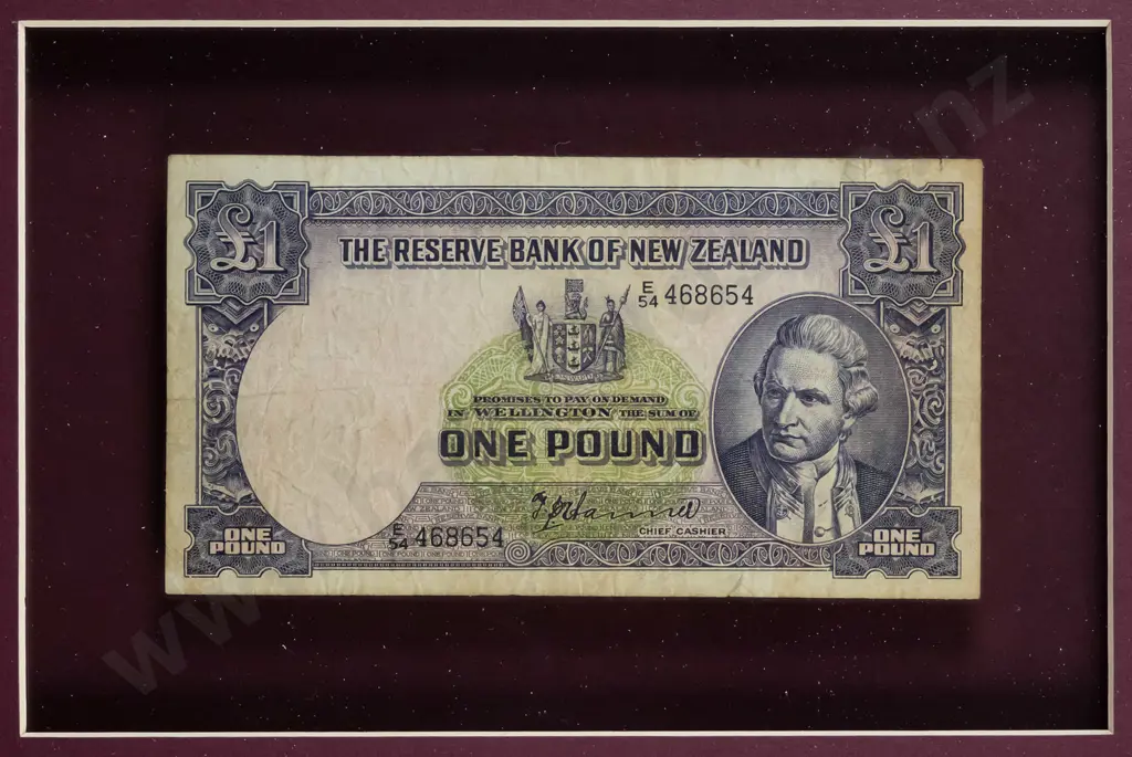 framed New Zealand one pound note H-130 W-200 Image 1++