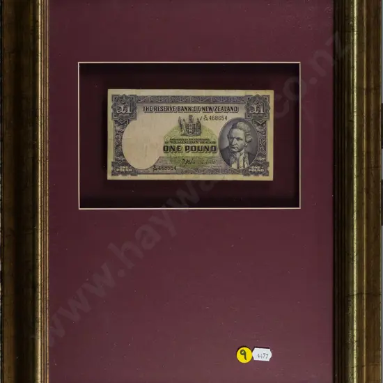 framed New Zealand one pound note H-130 W-200