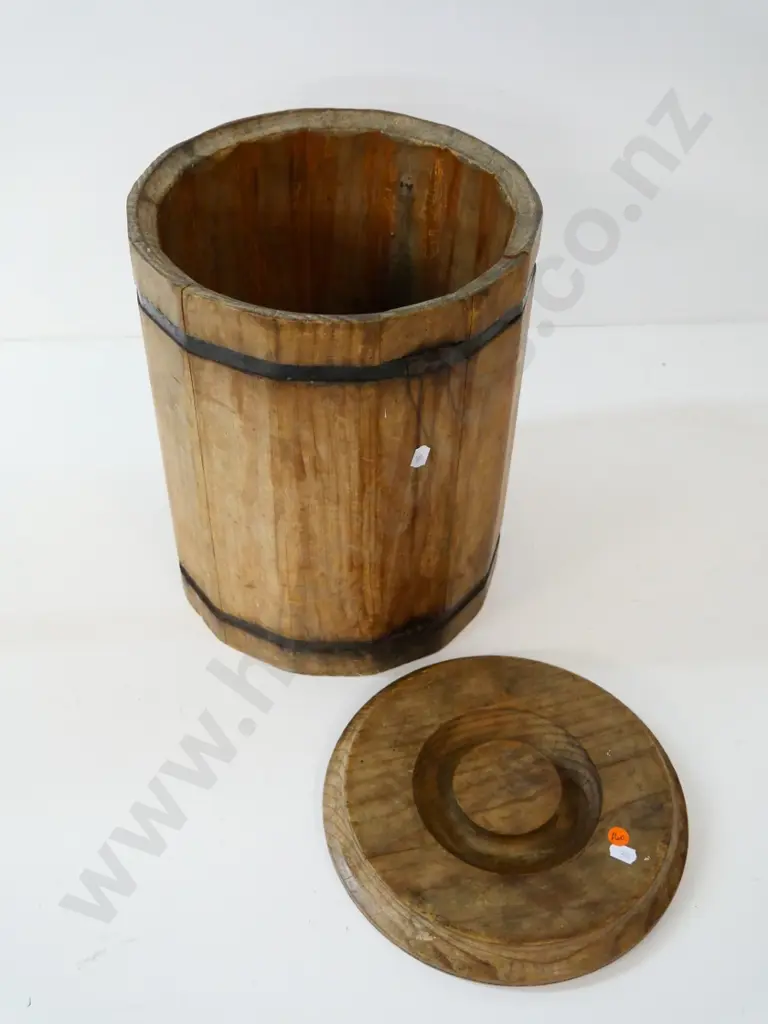 vintage pine and metal strapping barrel-style vegetable storage bin, some borer damage H380 D270 Image 1++