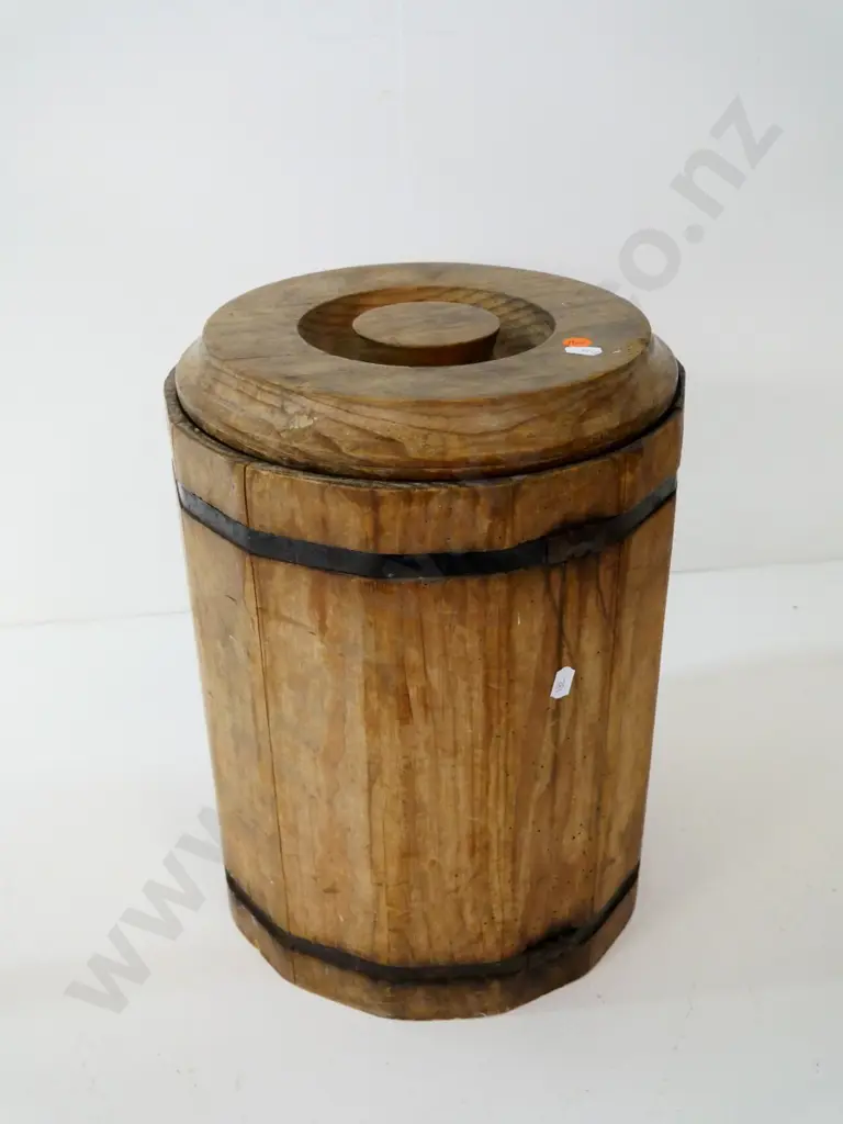 vintage pine and metal strapping barrel-style vegetable storage bin, some borer damage H380 D270 Image 1++