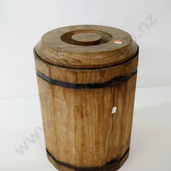 vintage pine and metal strapping barrel-style vegetable storage bin, some borer damage H380 D270
