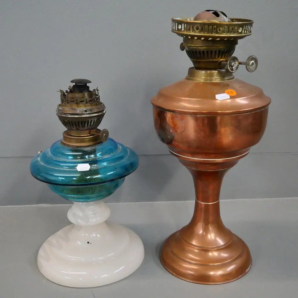 2 restorer's kerosene lamp bases - one copper H-380, one glass - no chimneys or shades Image 1++