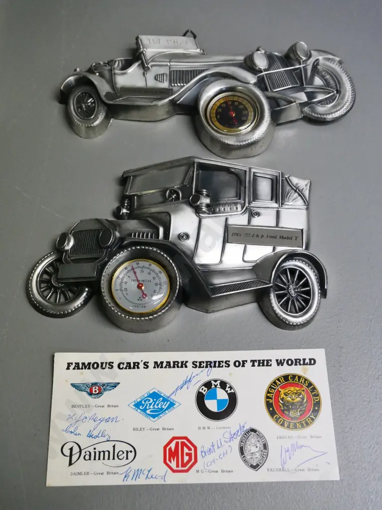2 boxed "Tulip Brands" cast metal vintage car wall thermometers - wider is H110 W190 Image 1++
