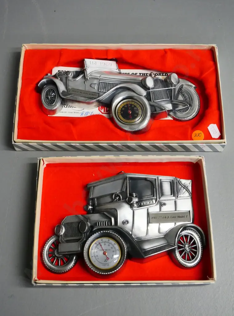 2 boxed "Tulip Brands" cast metal vintage car wall thermometers - wider is H110 W190 Image 1++