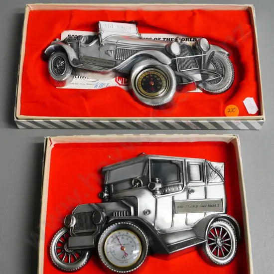 2 boxed "Tulip Brands" cast metal vintage car wall thermometers - wider is H110 W190