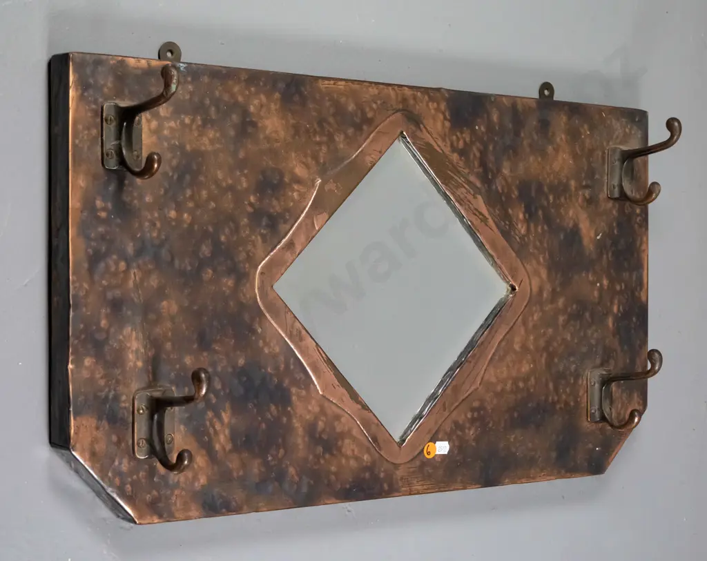 beaten copper wall hanging coat hooks with bevelled edge mirror H-360 W-630 Image 1++