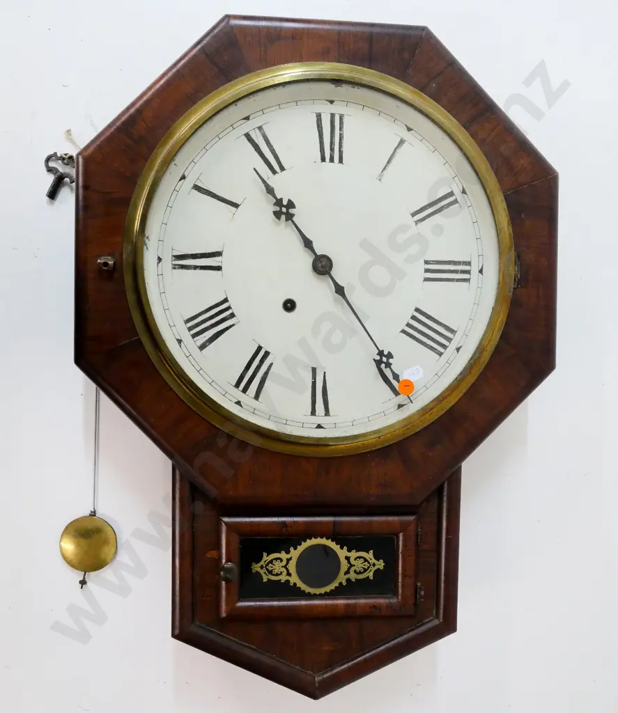 vintage wood-cased 8-day wall clock, with pendulum & key, paper label for Newhaven Clock Co. H600 W420 - needs attention Image 1++