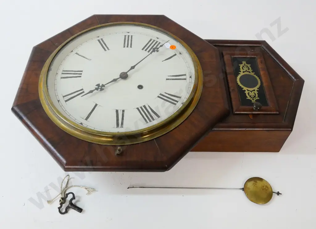 vintage wood-cased 8-day wall clock, with pendulum & key, paper label for Newhaven Clock Co. H600 W420 - needs attention Image 1++