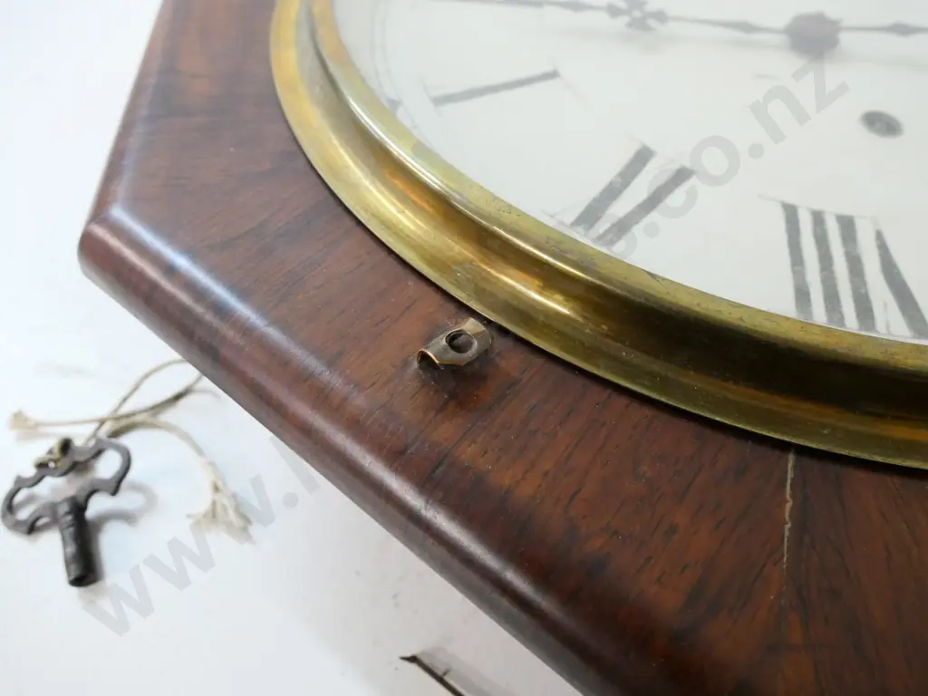 vintage wood-cased 8-day wall clock, with pendulum & key, paper label for Newhaven Clock Co. H600 W420 - needs attention Image 1++