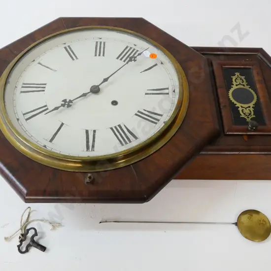 vintage wood-cased 8-day wall clock, with pendulum & key, paper label for Newhaven Clock Co. H600 W420 - needs attention