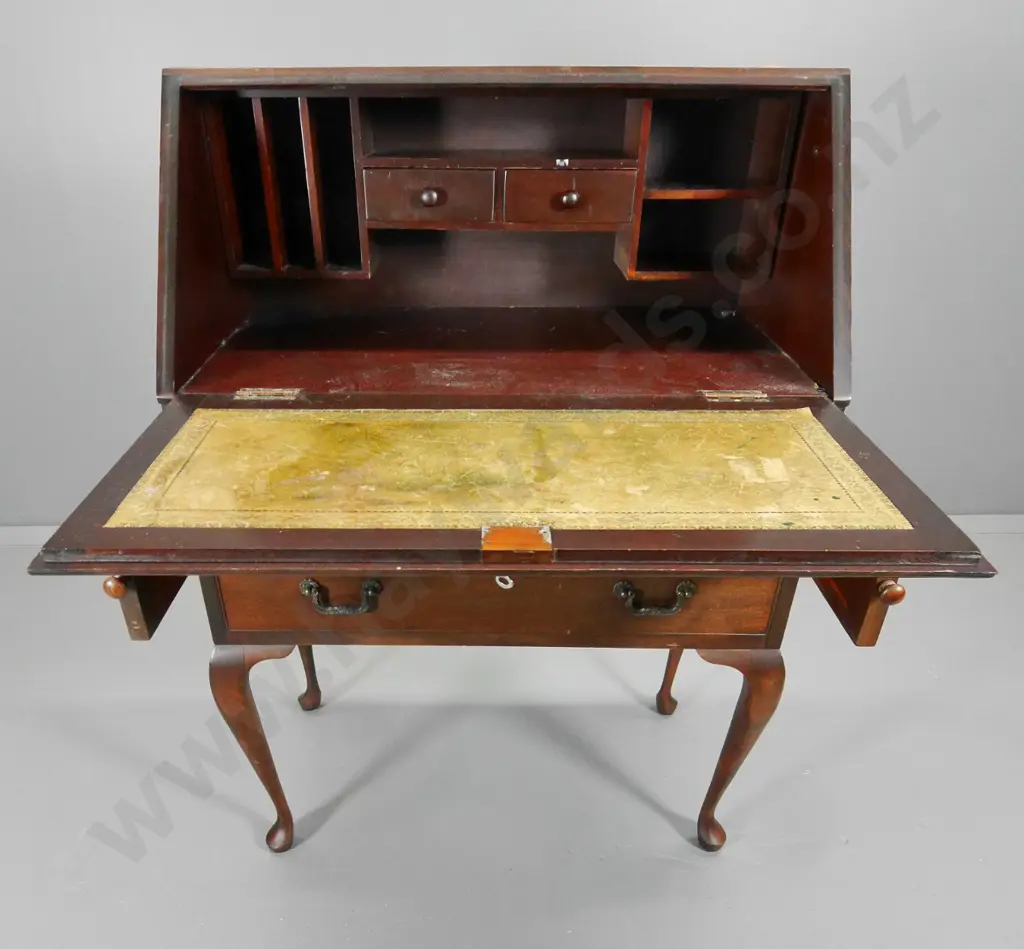 reproduction mahogany drop-front writing bureau, 2 drawers, wear to embossed leather insert H1030 W730 Image 1++