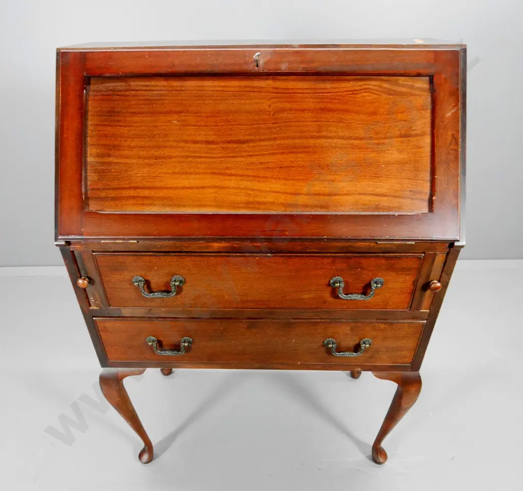 reproduction mahogany drop-front writing bureau, 2 drawers, wear to embossed leather insert H1030 W730 Image 1++
