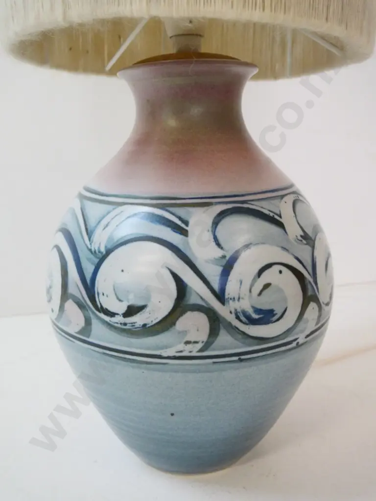 pottery based table lamp - marked McMillan, Nelson NZ - with wool shade H-570 Image 1++