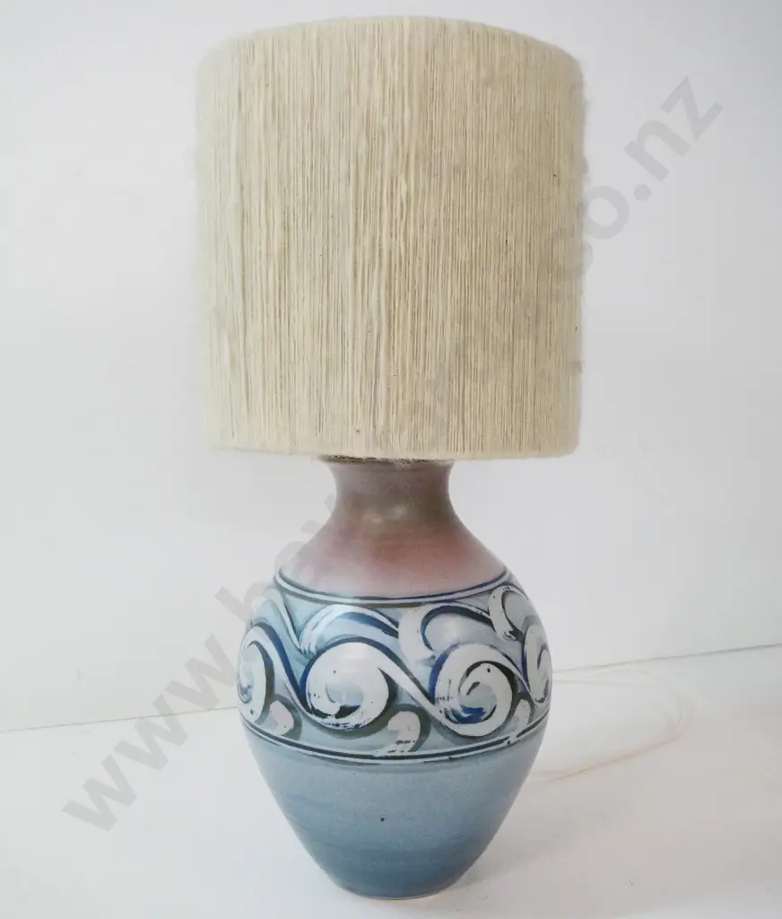 pottery based table lamp - marked McMillan, Nelson NZ - with wool shade H-570 Image 1++