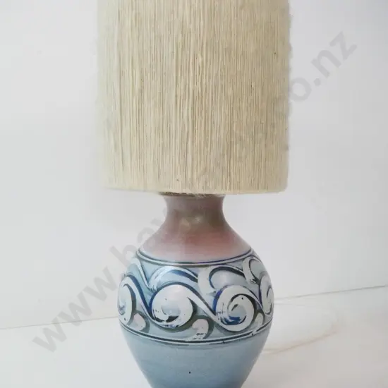 pottery based table lamp - marked McMillan, Nelson NZ - with wool shade H-570