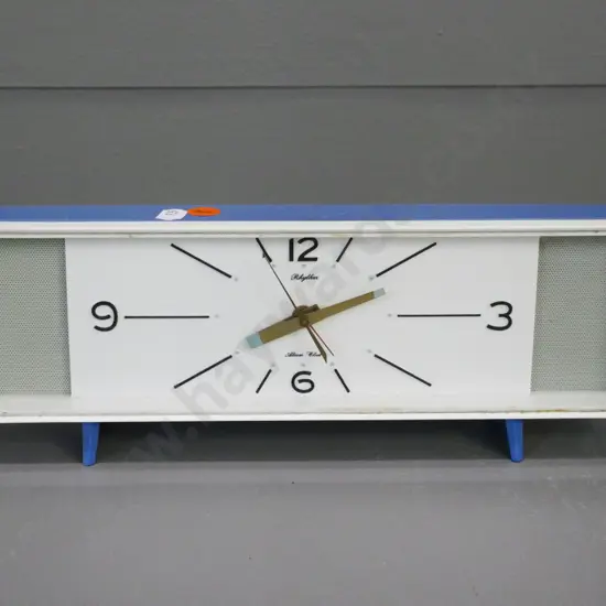 retro Rhythm plastic-cased alarm clock, made in Japan. H-110 W-300