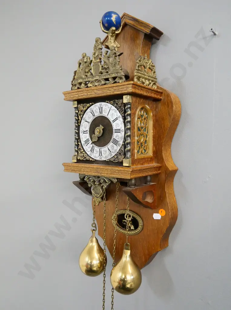 ornate Dutch wood-cased and brass pendulum wall clock - one hand has come off H-550 Image 1++