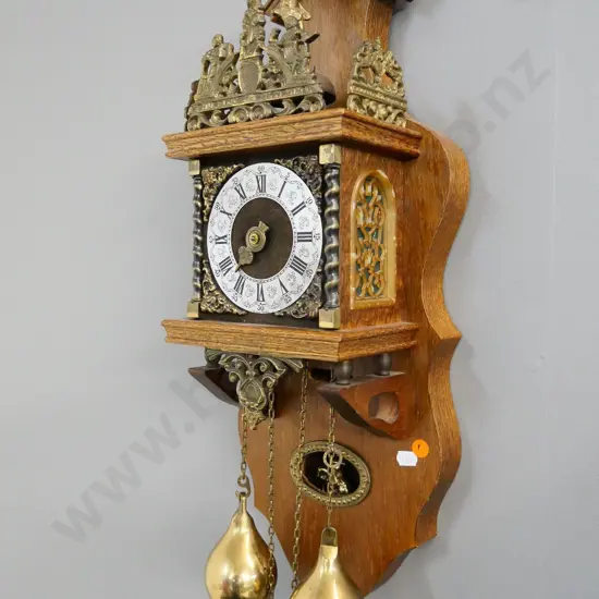 ornate Dutch wood-cased and brass pendulum wall clock - one hand has come off H-550