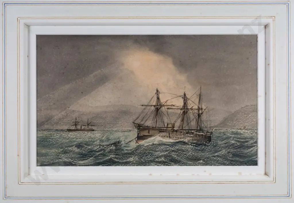 unsigned - framed watercolour 1878 "HMS Nymphe riding out a gale, Wellington, NZ (foxing) H-170 W-280 Image 1++