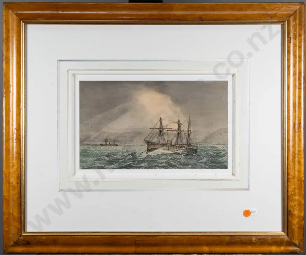 unsigned - framed watercolour 1878 "HMS Nymphe riding out a gale, Wellington, NZ (foxing) H-170 W-280 Image 1++