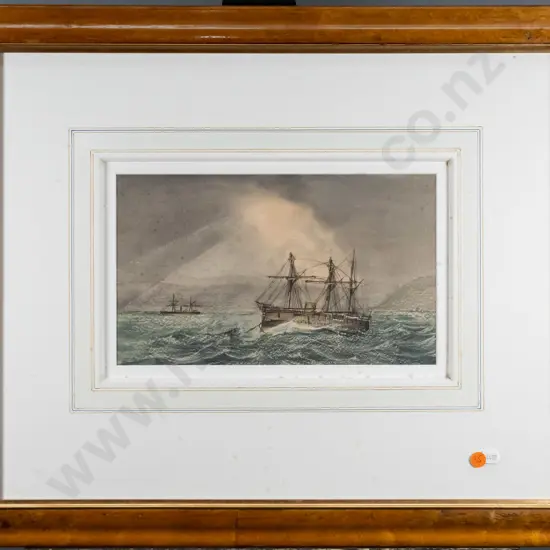 unsigned - framed watercolour 1878 "HMS Nymphe riding out a gale, Wellington, NZ (foxing) H-170 W-280