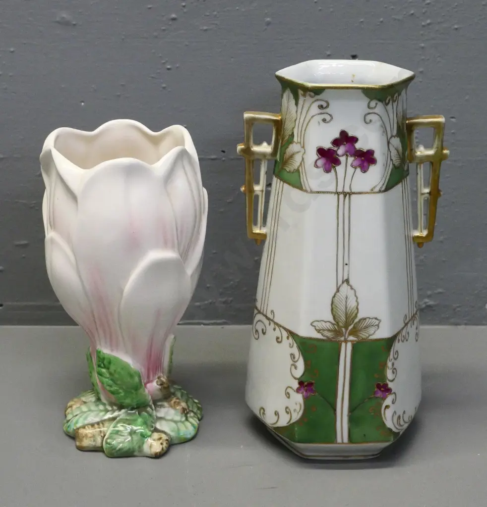 Sylvac hand-painted flower shape vase and a handled Japanese vase H-270 Image 1++