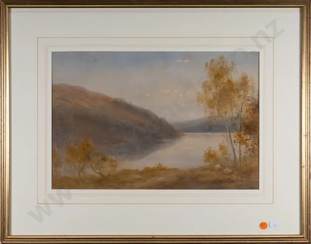 Edward Tucker (attrib) framed watercolour - Autumn Lake Landscape (slight foxing) H-250 W-380 Image 1++
