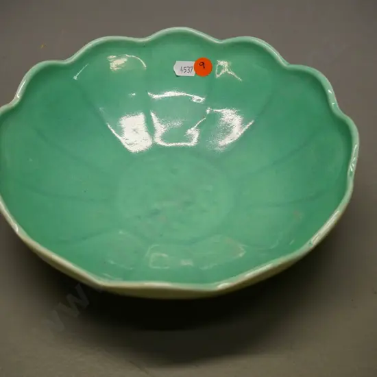 scalloped rim teal and white O.C. Stephens bowl Diameter 230 - some crazing/staining