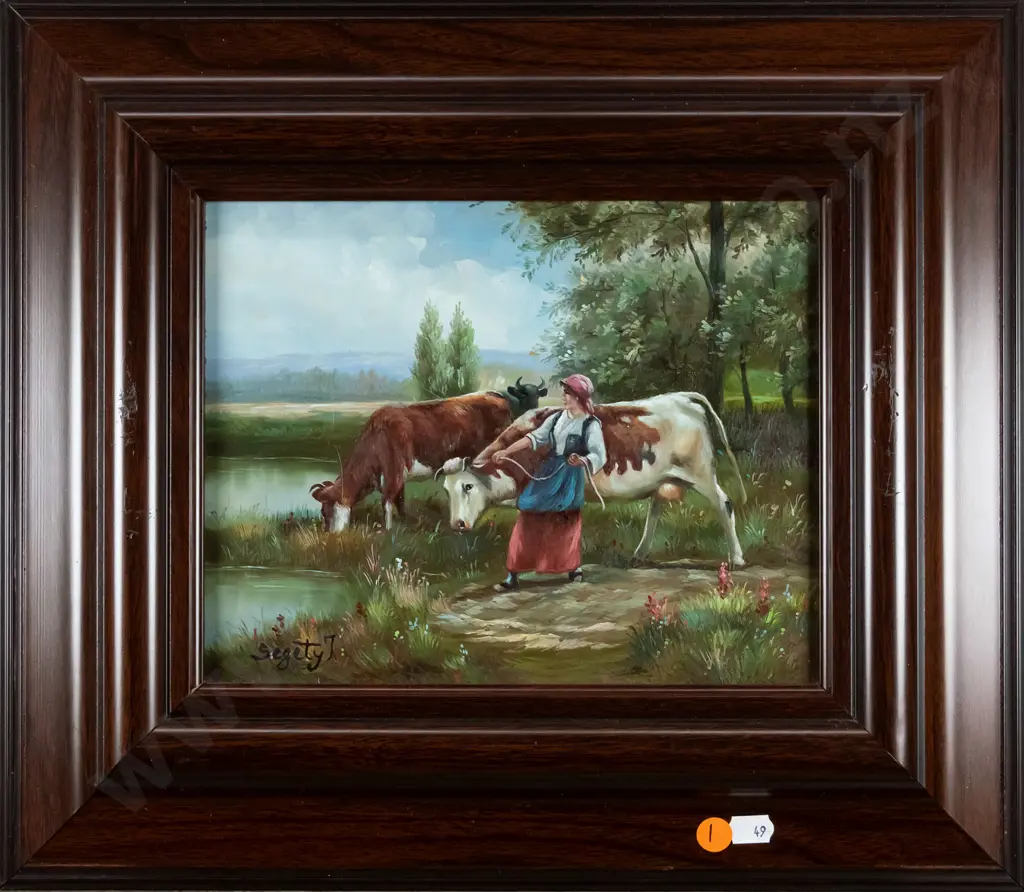 Legarty T - framed oil - woman and cows H-190 W-240 Image 1++