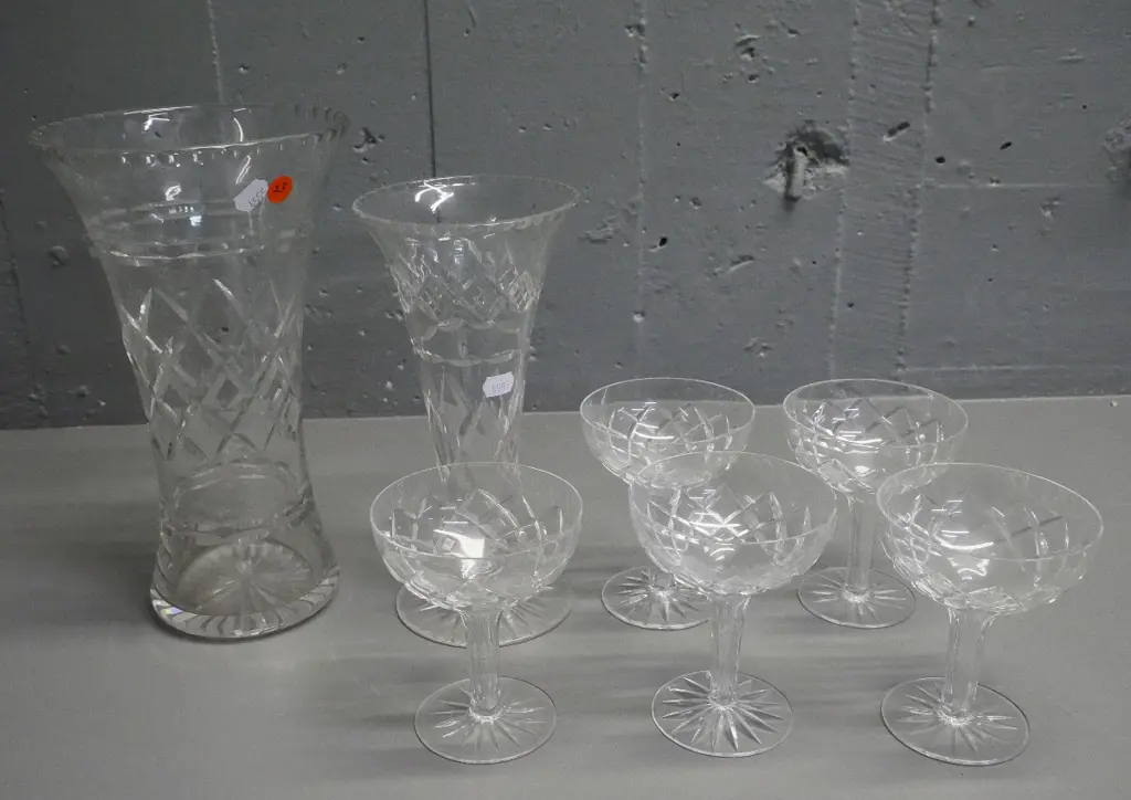 cut crystal items - 2 vases, taller H-260, and 5 hollow-stem champagne glasses Image 1++