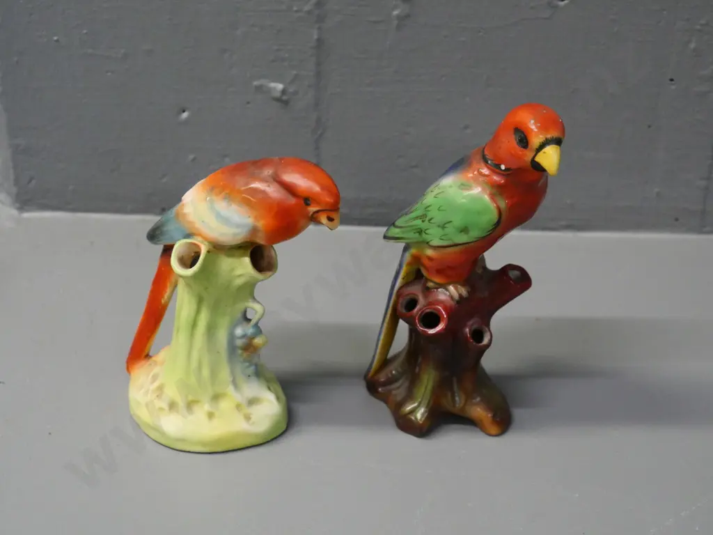 pair of hand-painted bird hatpin holders - one marked Czechoslovakia, taller is H-160 Image 1++