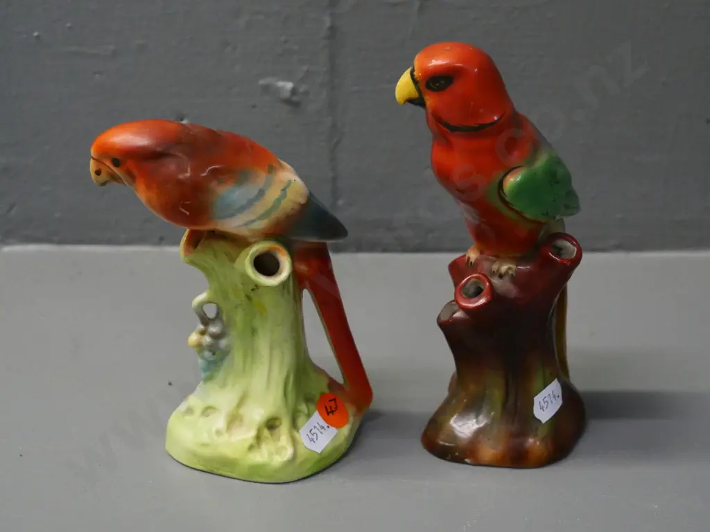 pair of hand-painted bird hatpin holders - one marked Czechoslovakia, taller is H-160 Image 1++