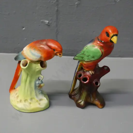 pair of hand-painted bird hatpin holders - one marked Czechoslovakia, taller is H-160