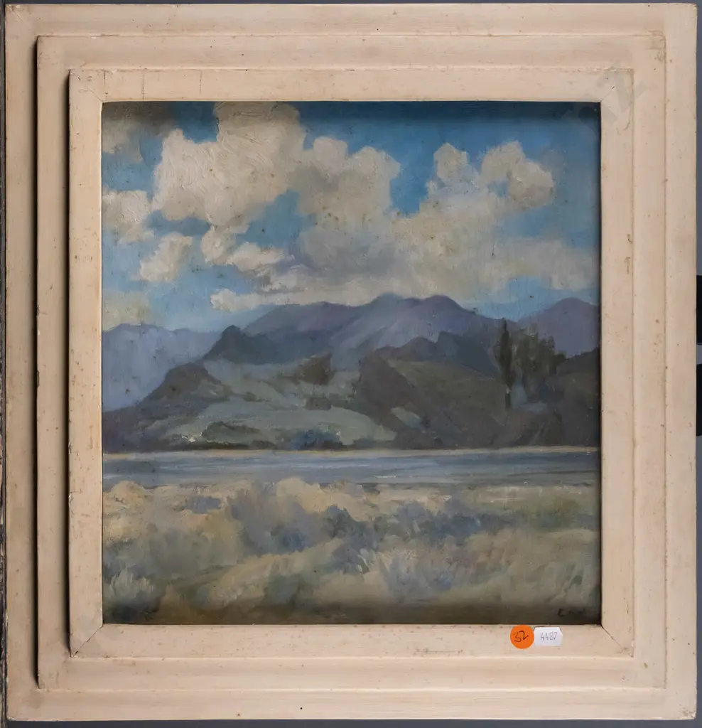 Louise Jacobs - framed oil "The Distant Hills" H-290 W-290 (foxing to glass and frame) Image 1++