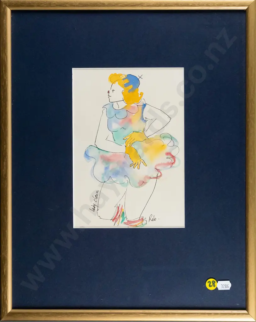 PG Rob - framed ink and watercolour "Lady Clown" H-200 W-140 Image 1++