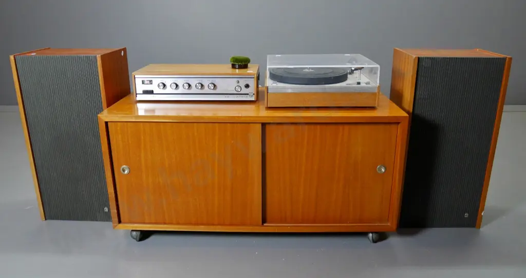 retro Philips hifi - turntable, amp and speakers with mahogany stand on casters - working, pots noisyH-450 W-910 D-400 Image 1++