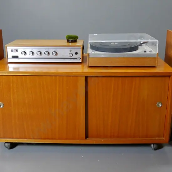 retro Philips hifi - turntable, amp and speakers with mahogany stand on casters - working, pots noisyH-450 W-910 D-400
