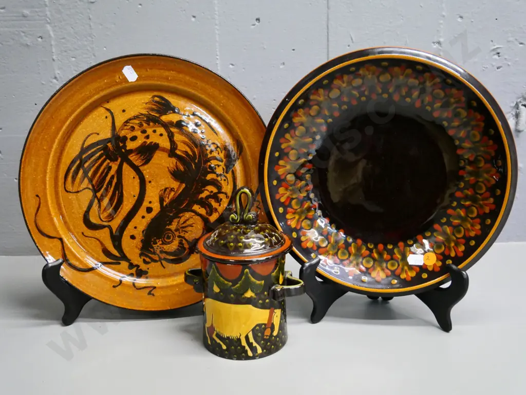 3 hand painted studio pottery items - European (Swiss?) lidded pot and plate, and a fish design plate D-280 Image 1++