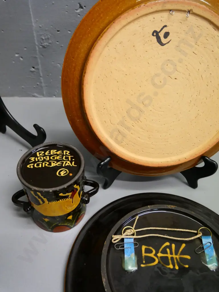3 hand painted studio pottery items - European (Swiss?) lidded pot and plate, and a fish design plate D-280 Image 1++